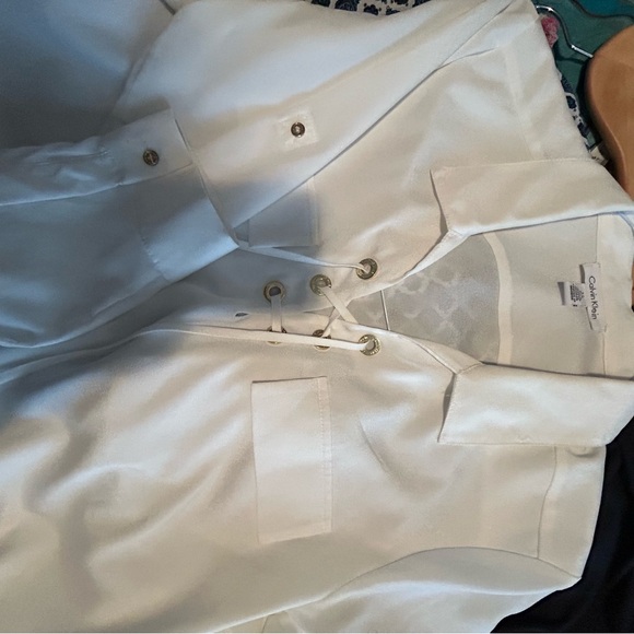 Calvin Klein White Dress Top with gold accent loops that ties at the neckline - Picture 12 of 14